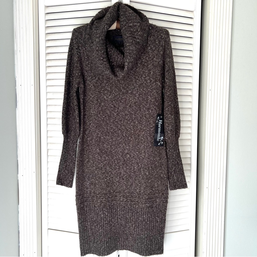 🤎NWT Brown Cozy Cowl Neck Sweater Dress Size M Wool Blend Harmonic New